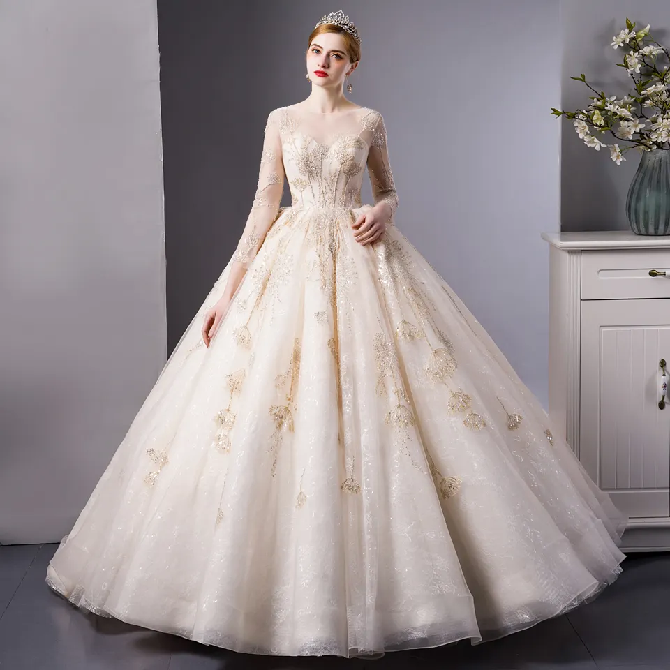 SL6103 luxury gold wedding dress bridal gown illusion long sleeve crystal beaded wedding ball gowns dresses for wedding occasion