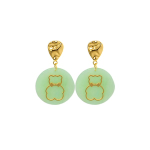 Fashion Drop <b>Earrings</b> 316L Stainless Steel PVD Gold Plating Sustainable Resistant Round Green <b>Cat</b> Design - Product Image 2