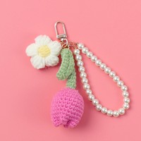 Porte-clés fleur de tulipe en peluche tissée à la main, écologique, avec perles, bracelet perlé, joli breloque de sac tricoté en forme de marguerite pour femmes et filles, cadeau