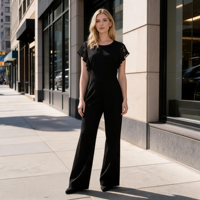 Nouvelle combinaison pantalon large taille haute noire élégante et décontractée pour femme, col rond avec empiècements en dentelle, collection Printemps-Été