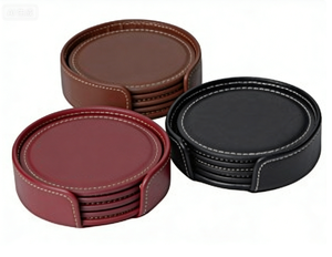 Juego <span class=keywords><strong>de</strong></span> Posavasos Redondos <span class=keywords><strong>de</strong></span> Cuero Reconstituido Vintage, con Logotipo Personalizado, Regalo Promocional, Corporativo, para Bodas, Aniversarios, Bares - Product Image 4