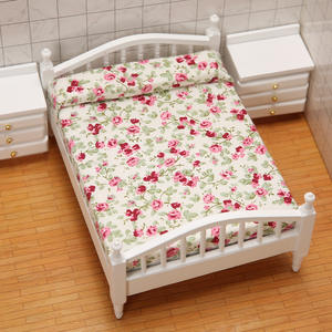1:12 Miniature <b>White</b> Double Bed DIY Toy Dollhouse Wood Furniture Small Floral Bedroom Scene Mini Doll House Accessories - Product Image 4