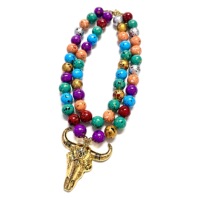 Nouvel Arrivage Collier Chunky Double Couche Perlé Coloré Tendance avec Pendentif Tête de Taureau et Corne d'Animal, Bijou Cadeau pour Femme et Homme pour Fête