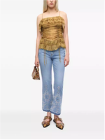 Jean en denim décontracté d'été pour femme, broderie Madeira, ajouré à œillets, motif floral, taille haute, coupe droite ample, boutonné, tissé