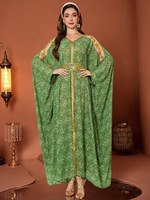Robe Abaya pour femmes musulmanes en mousseline de soie texturée haute couture, imprimée, verte, avec dentelle et perles, pour les tenues de banquet