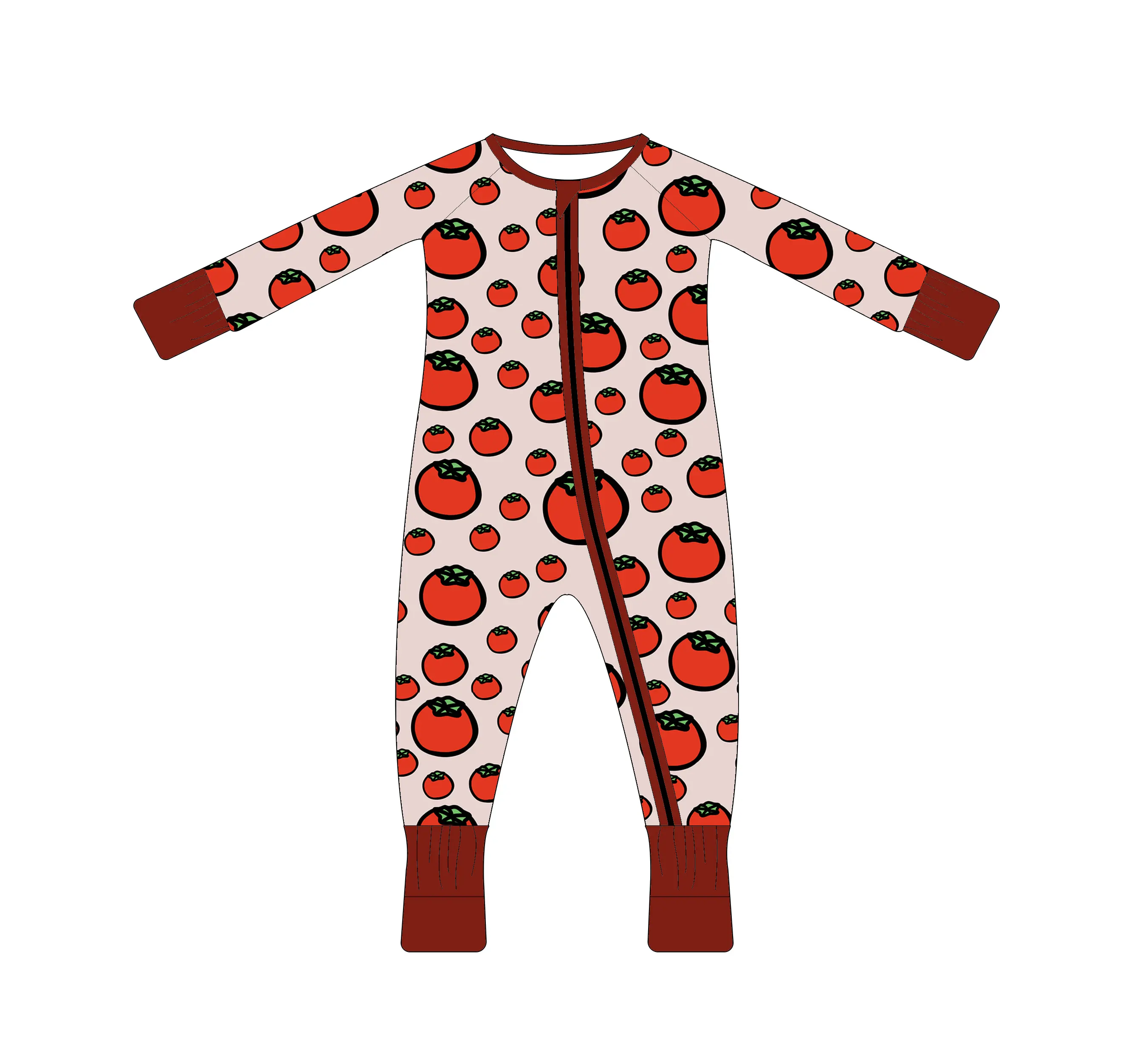 Baju monyet bayi baru lahir motif tomat, Jumpsuit bambu lengan panjang ritsleting pakaian memanjat bayi baru lahir
