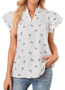 Blusa de Mujer con Estampado Dulce, Cuello en V, Mangas con Volantes Multicapa, Estilo Europeo Americano, Nueva Colección Verano 2025 - Product Image 6