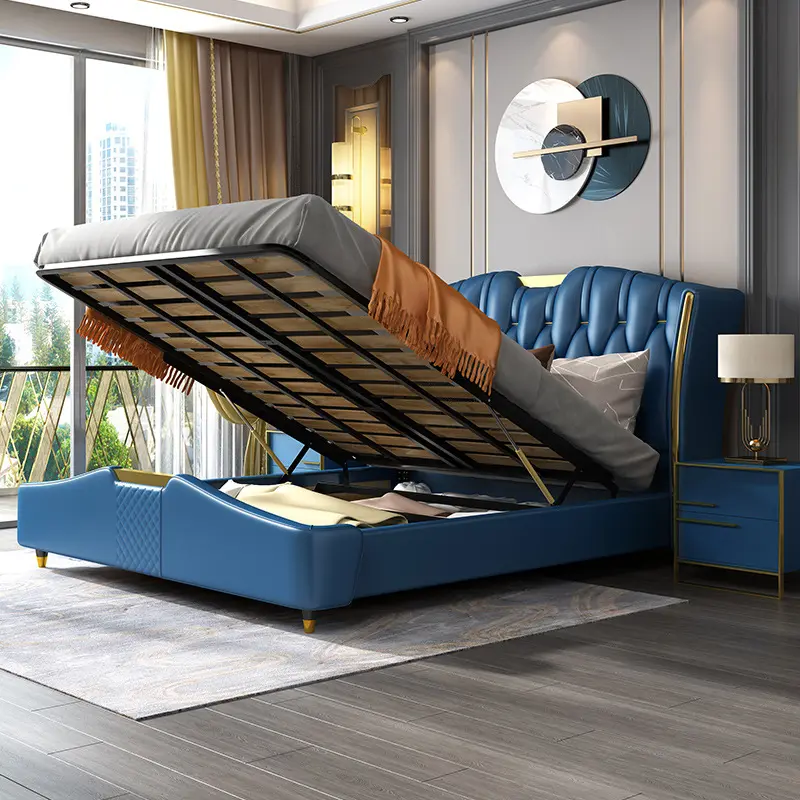 Luxus New Design King Size Schlafzimmer möbel Massivholz bett und Leder bett mit Stauraum