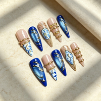 Faux Ongles Press-On Faits Main en Gros, Motif Fleur 3D, Nœud et Strass, Style Stiletto Français, Luxe, Réutilisables, Personnalisables pour Nail Art