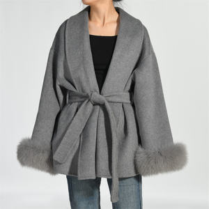 Модное роскошное укороченное двухстороннее шерстяное пальто ручной работы с поясом большие манжеты из натурального Лисьего меха на заказ зимнее женское элегантное шерстяное пальто - Product Image 4