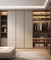Dressing élégant à deux tons avec porte en verre cintrée, éclairage LED, zone de rangement zonée, style d'intérieur