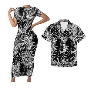 Custom 2 Delige Set Paar Outfits Vrouwen Korte Mouw Skinny Slim Jurk Heren Shirt Plus Size Print Hawaii Polynesische Tribale
