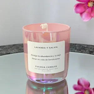 Personalizzazione del barattolo di candela olografica iridescente arcobaleno con fondo rotondo grande 11oz rosa candela canicola profumata