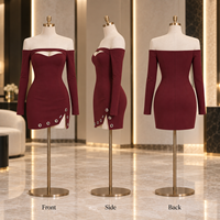 Mini-robe moulante personnalisée pour femme en maille extensible avec œillets métalliques, col épaules dénudées et découpes, manches longues, pour cocktail