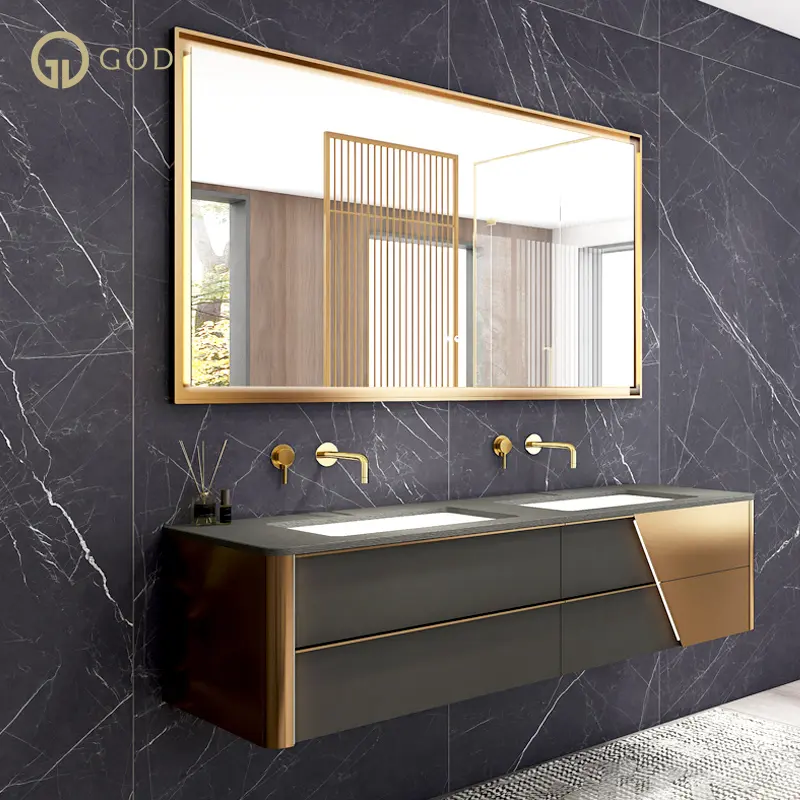 GODI wholesale modern luxury european style wooden wall mount cabinet basin stainless steel waterproof bathroom vanit furniture