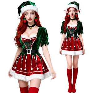 Disfraz de Duende Navideño para Mujer, Vestido Verde de Terciopelo con Sombrero, Cinturón y Collar, Atuendo Sexy para Fiesta de Disfraces - Product Image 4