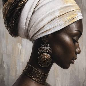 Pintura al Óleo de Retrato de Mujer de Inspiración Africana con Turbante Blanco y Joyería Étnica, Arte de Pared <span class=keywords><strong>para</strong></span> Decoración Moderna del Hogar - Product Image 2