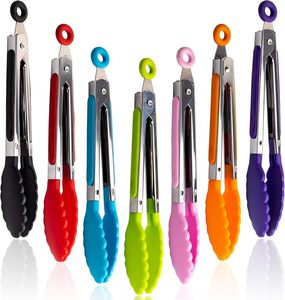 Herramienta de cocina duradera y respetuosa con el medio ambiente, fácil limpieza, pinzas para asar ensaladas y barbacoa de 7 pulgadas, asas pequeñas de silicona de acero inoxidable - Product Image 1