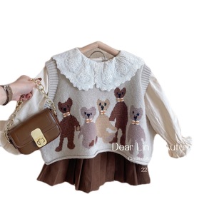 Dear Lin Girls Autumn Knitted Vest Set With Bear Pattern Cotton Wool Blend Outfit For Toddlers - Product Image 5