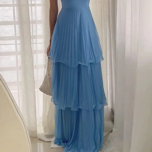 Summer New Arrival Women's Solid Color High-Waisted Elegant Fitted <b>Spaghetti</b> <b>Strap</b> Ruffled Pleated Dresses Fashion - Product Image 5