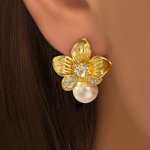 Pendientes de Moda al por Mayor para Mujer, Chapados en Oro de 18K, con Diseño de Flor de Orquídea y Perla, Ideales para Regalo - Product Image 6