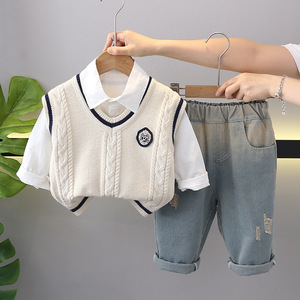 Vêtements pour enfants, costume d'automne pour garçon, veste et <span class=keywords><strong>pull</strong></span> pour enfants, printemps et automne, chemise blanche et pantalon long, ensemble trois pièces pour tout-petits - Product Image 4
