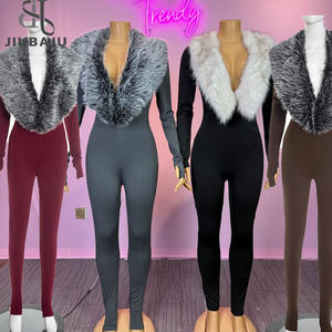 Sexy Modischer Fellkragen-Jumpsuit für Damen Herbst Winter Trend Tiefer Ausschnitt Langarm Figurbetont Party-Overall - Product Image 1