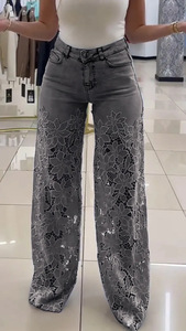 Jeans élégants pour femmes, chic, <span class=keywords><strong>grande</strong></span> <span class=keywords><strong>taille</strong></span>, dentelle ajourée, <span class=keywords><strong>taille</strong></span> haute, jambe <span class=keywords><strong>large</strong></span>, denim extensible - Product Image 6