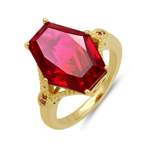 Bague de luxe pour femme en argent sterling 925 plaqué or, sertie de rubis de laboratoire et de diamants rouges, style géométrique - Product Image 4