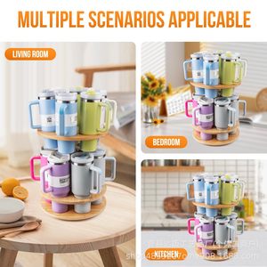 Bamboo <b>Rotating</b> Water Cup Holder Double Layer Insulated Tumbler Storage Rack <b>Desk</b> Organizer For Office Use - Product Image 3