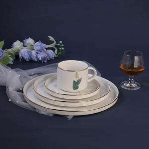 Набор современной керамической посуды из фарфора с золотым декором, тарелки и миски из нового костяного фарфора, свежий и воздушный дизайн с листьями, столовая посуда - Product Image 5