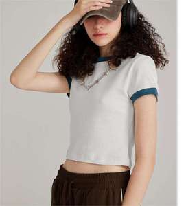 Crop <span class=keywords><strong>top</strong></span> en coton spandex à col rond pour femmes, couleur unie, coton de qualité, impression personnalisée, crop <span class=keywords><strong>top</strong></span> à col rond, t-shirt de sport - Product Image 2