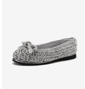 Zapatos Planos Casuales para <span class=keywords><strong>Mujer</strong></span>, Elegantes, Color <span class=keywords><strong>Gris</strong></span> Plateado, Tejido de Punto, Decorados con Lazo, Personalizados por el Fabricante - Product Image 1