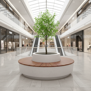 Banc de jardinage circulaire moderne en GRC sur mesure avec lattes en teck durables pour les espaces de loisirs extérieurs des parcs et des centres commerciaux - Product Image 3