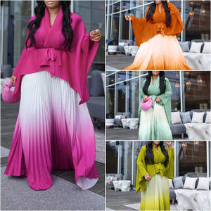 D3297 Dernier Design Tenues d'Automne Africaines pour Femmes <span class=keywords><strong>Haut</strong></span> Irrégulier à Lacets <span class=keywords><strong>et</strong></span> <span class=keywords><strong>Jupe</strong></span> Plissée Dégradée Ensemble Deux Pièces Vêtements pour Femmes - Product Image 2