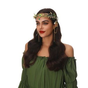 Serre-tête baroque fait main avec guirlande de cristaux, feuilles artificielles et ruban, couronne de mariée avec boucles d'oreilles - Product Image 3
