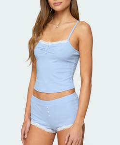 Cinghie regolabili 2 pezzi in pigiama <span class=keywords><strong>con</strong></span> rifiniture in pizzo Henley canotta <span class=keywords><strong>con</strong></span> <span class=keywords><strong>bottoni</strong></span> in pizzo <span class=keywords><strong>con</strong></span> dettagli elasticizzati in vita traspirante ODM - Product Image 2