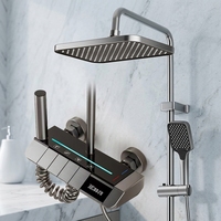 Ensemble de douche gris en aluminium de haute qualité à 4 fonctions avec affichage LED de la température, robinets thermostatiques muraux, douche à touches piano douces pour salle de bain