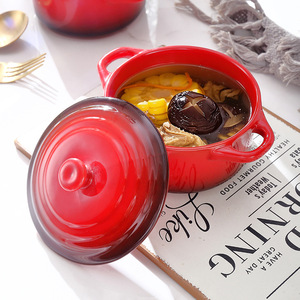 Tazón de Cerámica para Hornear con Doble Asa y Tapa, Color Rojo Degradado, Plato Redondo para Soufflé, Apto para Horno, para Comidas Diarias, Café y Té - Product Image 2