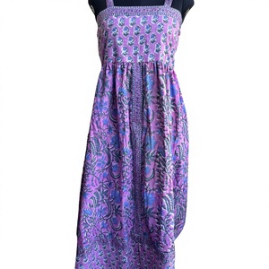 Pink Blue Hand <b>Block</b> Print Eco-Friendly Washable Cotton Natural Waist Dress Adjustable Straps Pocket Knee-Length Summer Sun - Product Image 1