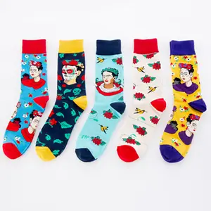 Custom logo Unique design hot sale funny Indian women pattern bird floral socks cartoon colorful cotton happy socks for men