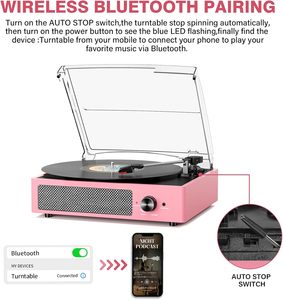 Tourne-disque <span class=keywords><strong>vinyle</strong></span> avec 2 haut-parleurs stéréo, entraînement par courroie, 3 vitesses, 3 tailles, sans fil, pour entrée AUX, RCA, casque, arrêt automatique - Product Image 3