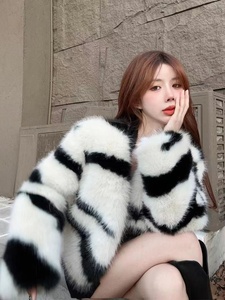 Giacca invernale da donna con motivo Zebra in finto <span class=keywords><strong>visone</strong></span> e <span class=keywords><strong>pelliccia</strong></span> di cincillà in <span class=keywords><strong>pelliccia</strong></span> corta da donna - Product Image 2