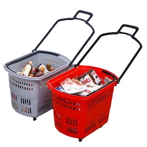 Grand chariot de courses portable en plastique pour supermarché, avec poignée et roues - Product Image 6