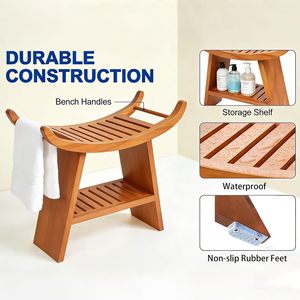 Teak Wooden <b>Bath</b> Stool 60x31x43.5cm With <b>Storage</b> Shelf For Bathroom Use - Product Image 4