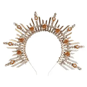 Tiara de Halloween para mulheres, tiara de metal com strass e deusa do sol, tiara para festival