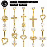 Anneaux de nombril en acier chirurgical 316L avec zircon CZ, croix dorée, cœur, coquillage, soleil, lune, baguette – Bijoux de piercing pour femme