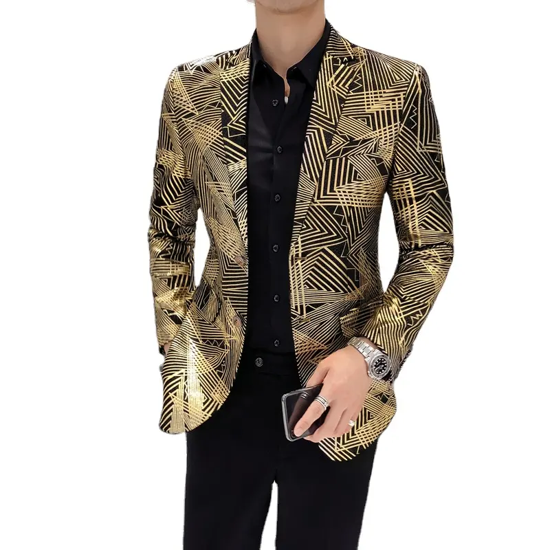 Men Korean New Slim Fit Print Mens Jacket Long Sleeve Casual Hairstylist Suit Jacket Dress Size 48~60/M-5XL