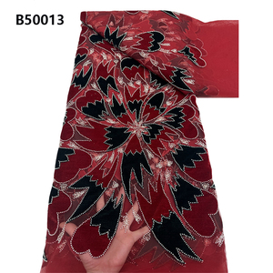 CHOCOO alta retroalimentación bordado africano tela de encaje de terciopelo rojo moda red tela de encaje con cuentas para ropa - Product Image 1