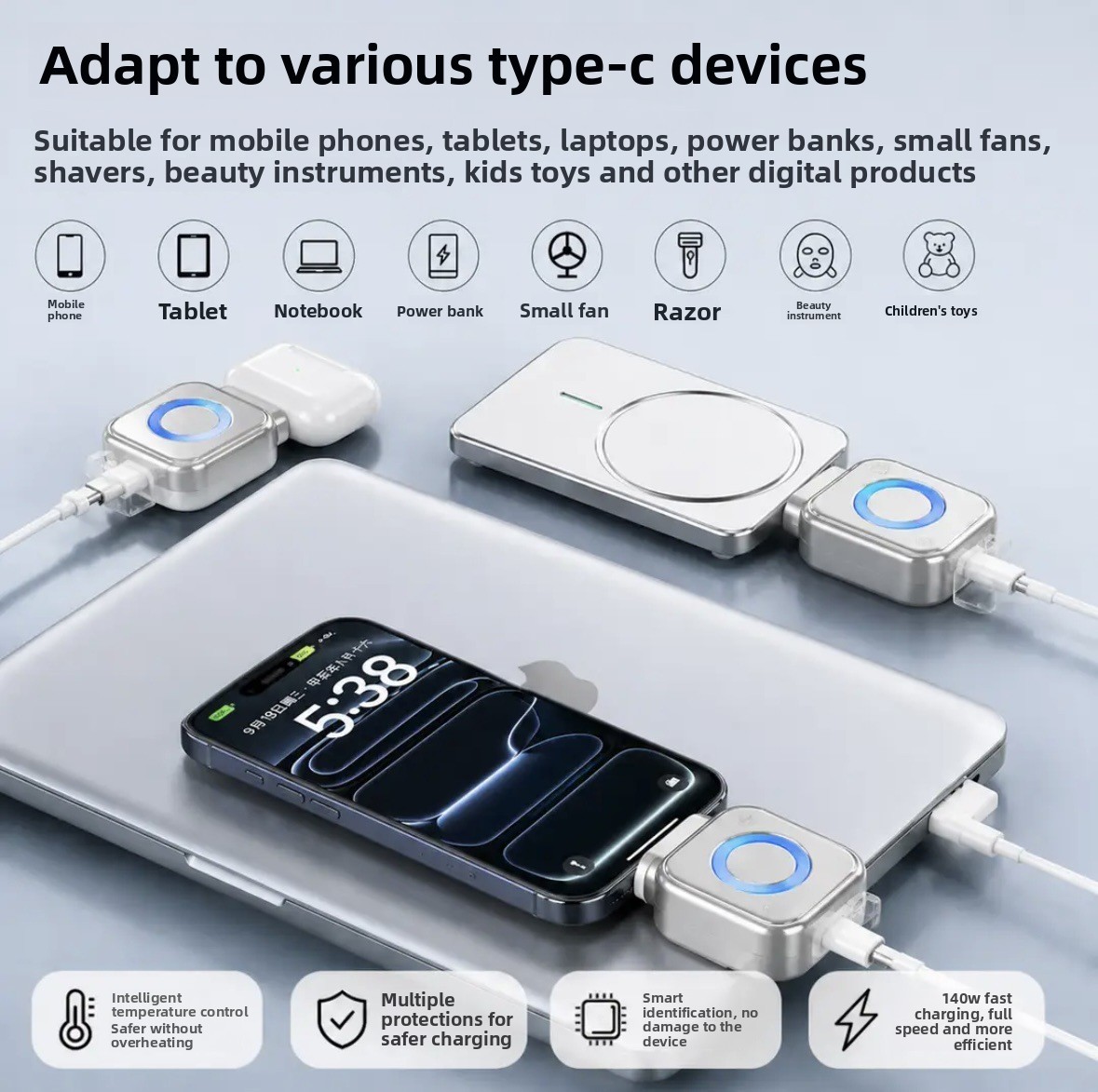 140W Smart Charging Separator Auto Cut Off When Full Anti-overcharge Safe Night Charger Type-C Adapter for Mobile Devices · image 5